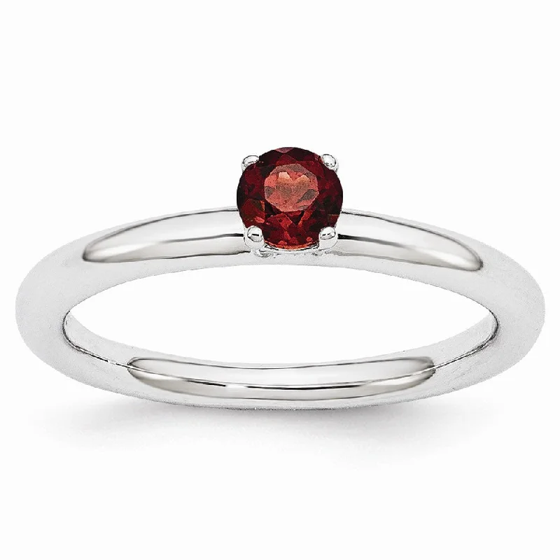 Stylish Gemstone Rings-Rhodium Plated Sterling Silver Stackable 4mm Round Garnet Ring