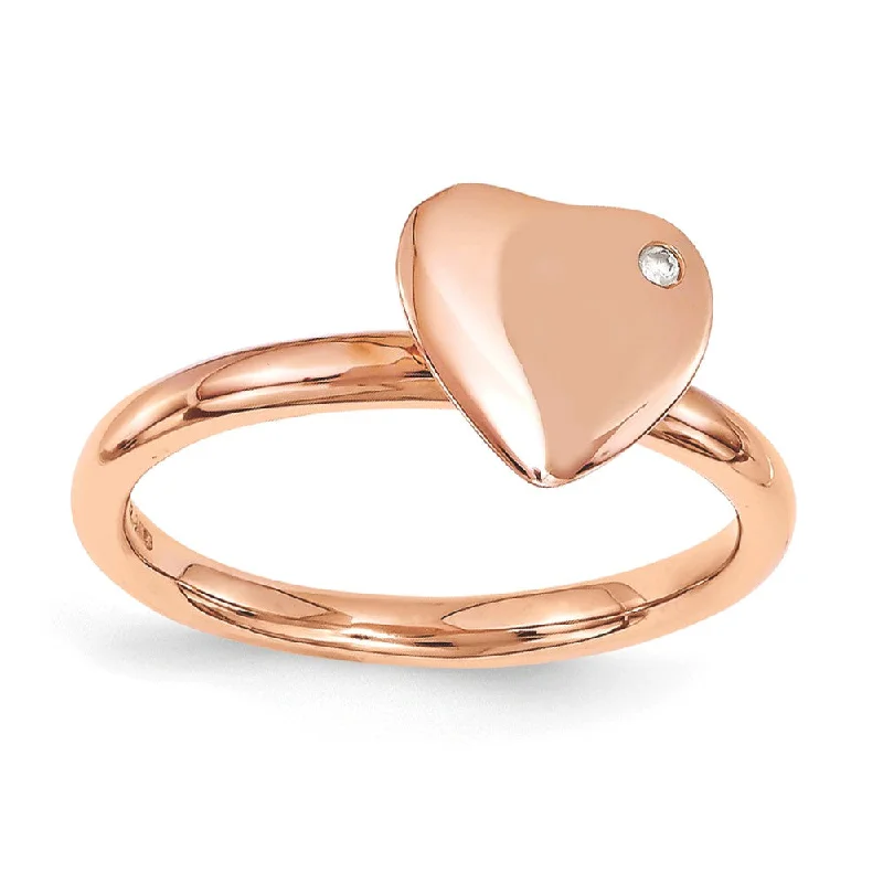 Fashionable Statement Rings-14k Rose Gold Plated Sterling Silver 8mm Heart 1pt Diamond Stack Ring