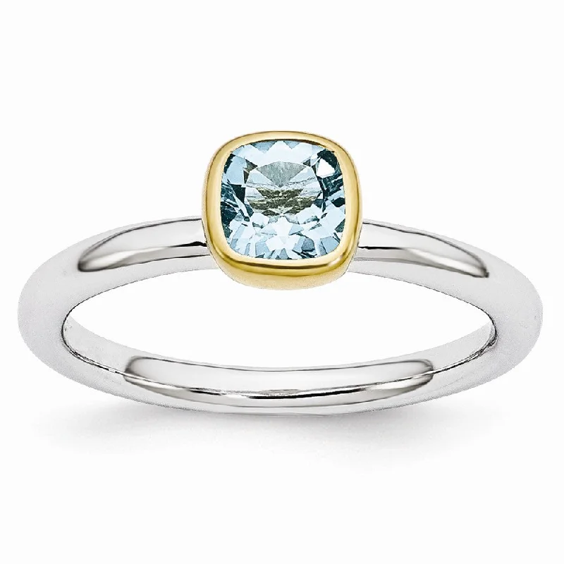 Stylish Gemstone Wedding Bands-Two Tone Sterling Silver Stackable 5mm Cushion Blue Topaz Ring