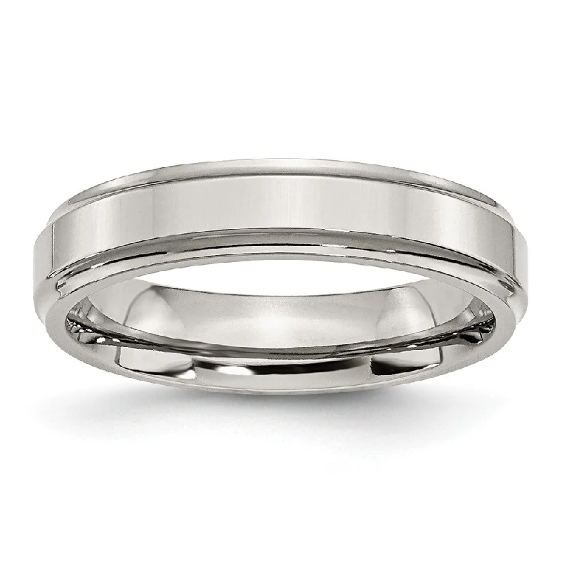 Dainty Silver Rings-5mm Stainless Steel Polished Ridged Edge Standard Fit Band