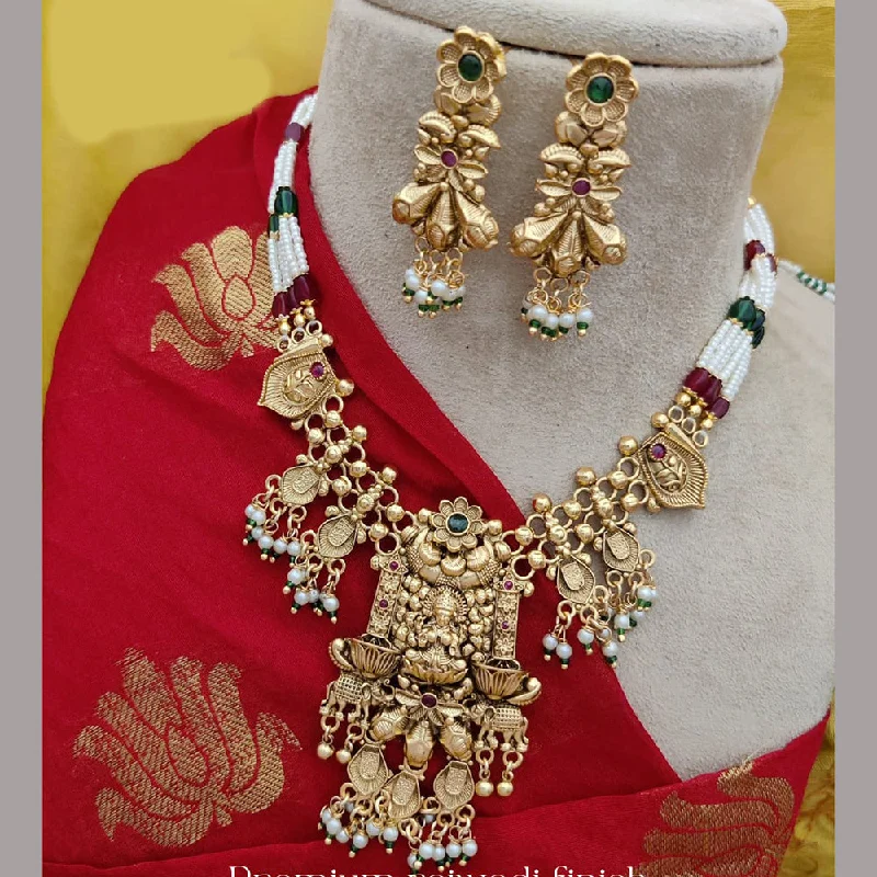 Custom Long Necklaces-Jewel Addiction Copper Rajwadi Finish Pota Stone Temple Necklace Set