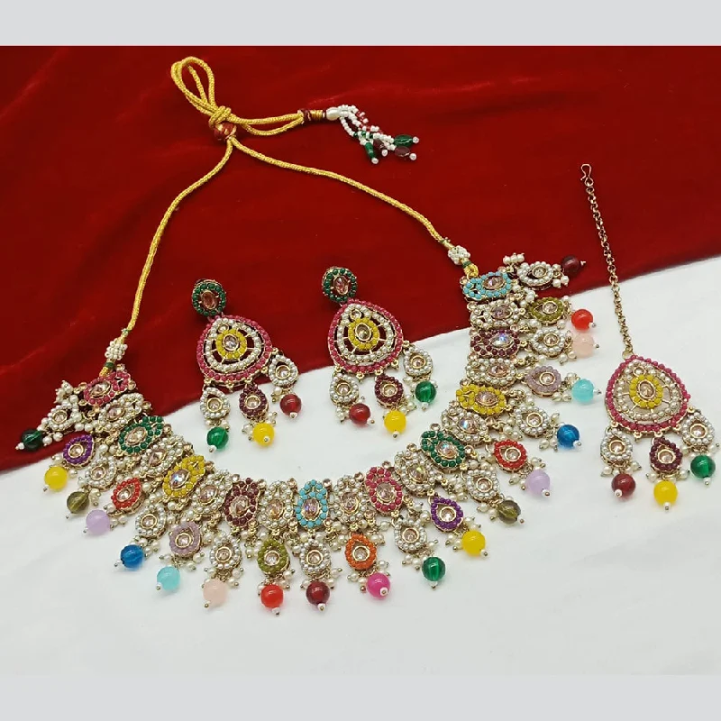 Elegant Pearl Necklaces-India Art Gold Plated Crystal Stone And Pearls Necklace Set