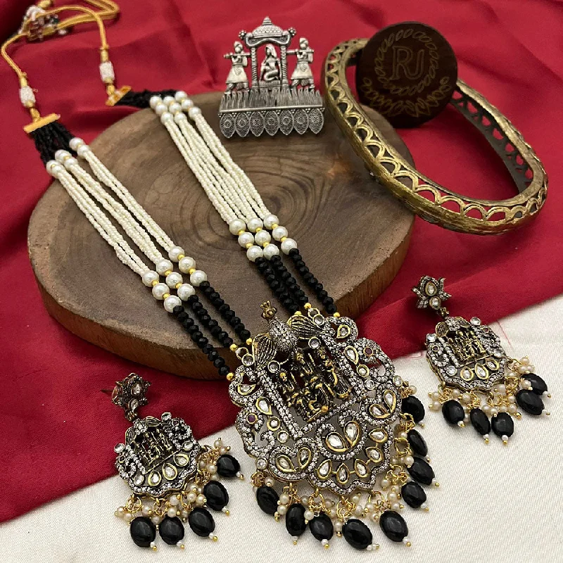 Stylish Gemstone Pendant Necklaces-Fs Collection 2 Tone Plated Polki Kundan Stone And Pearls Temple Long Necklace Set