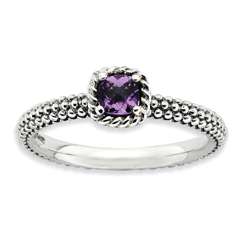 Gemstone Engagement Rings-Sterling Silver Stackable Amethyst Solitaire Ring