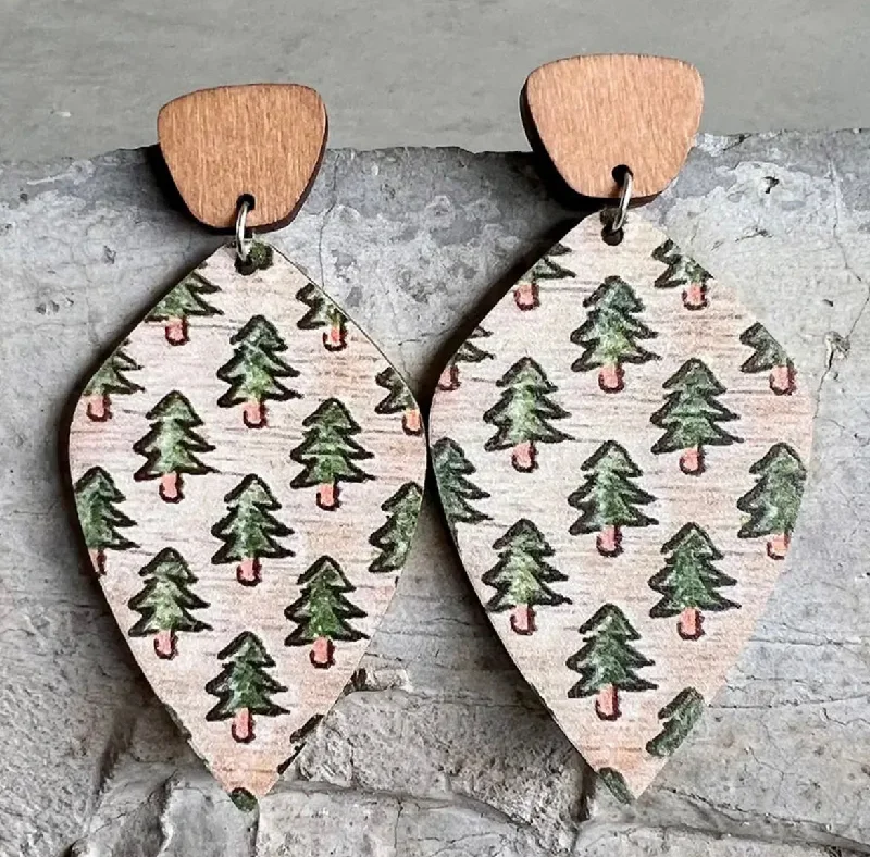 High-Quality Gold Earrings-Wooden Christmas Tree Drop Earrings