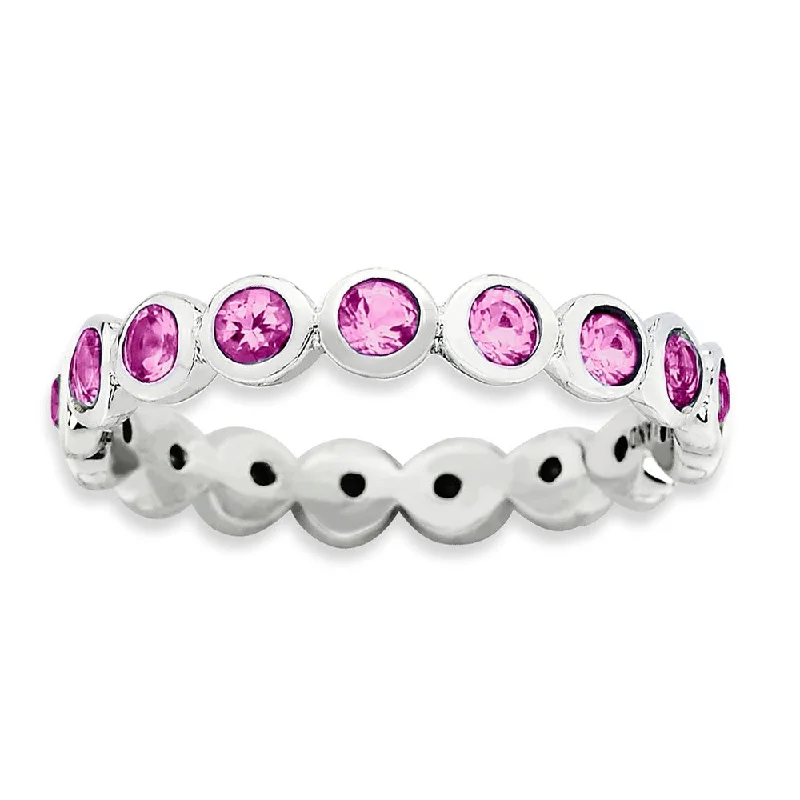 Fashionable Statement Rings-3.5mm Sterling Silver with Pink Crystals Stackable Band