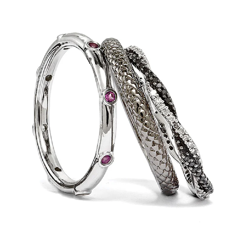 Adjustable Diamond Rings-Two Tone Sterling Silver, Rhod. Garnet & Diamond Stackable Ring Set