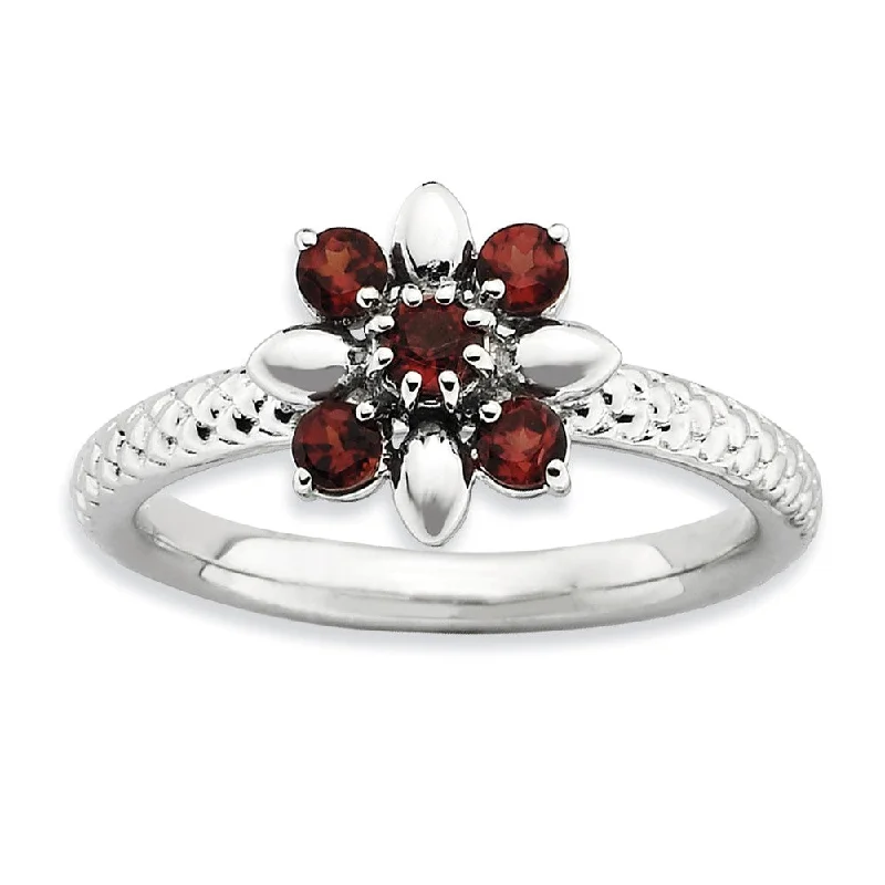 Simple Gold Wedding Bands-Sterling Silver & Garnet Stackable 5 Round Stone Flower Ring