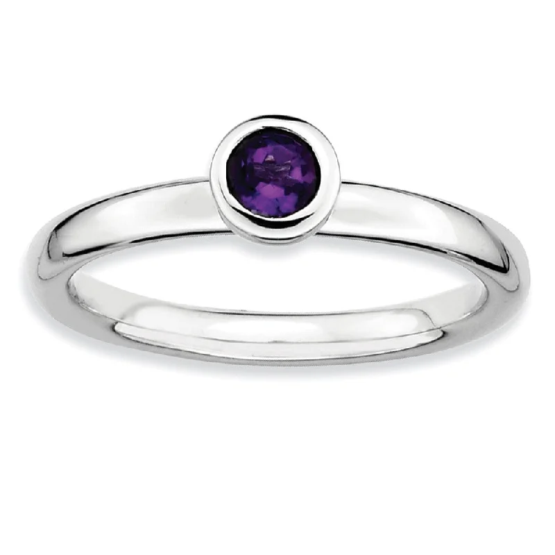 Wedding Bands for Women-Rhodium Plated Sterling Silver Low Profile 4mm Amethyst Stack Ring