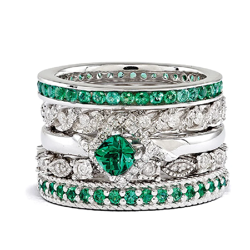 Luxury Bridal Rings-Sterling Silver & Created Emerald Stackable Paradise Ring Set