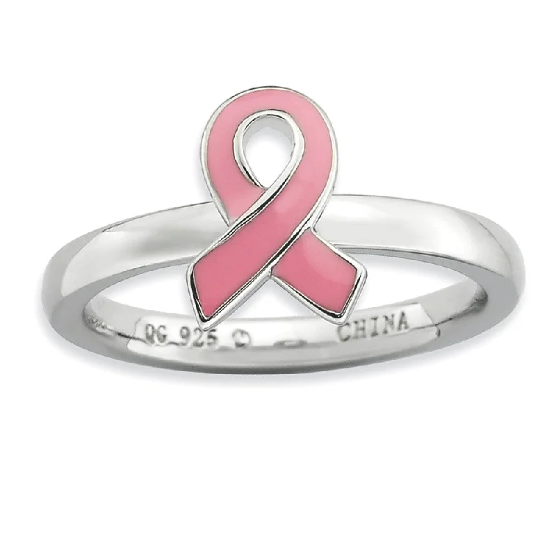 Custom Bridal Rings-Silver Stackable Pink Enamel Awareness Ribbon Ring