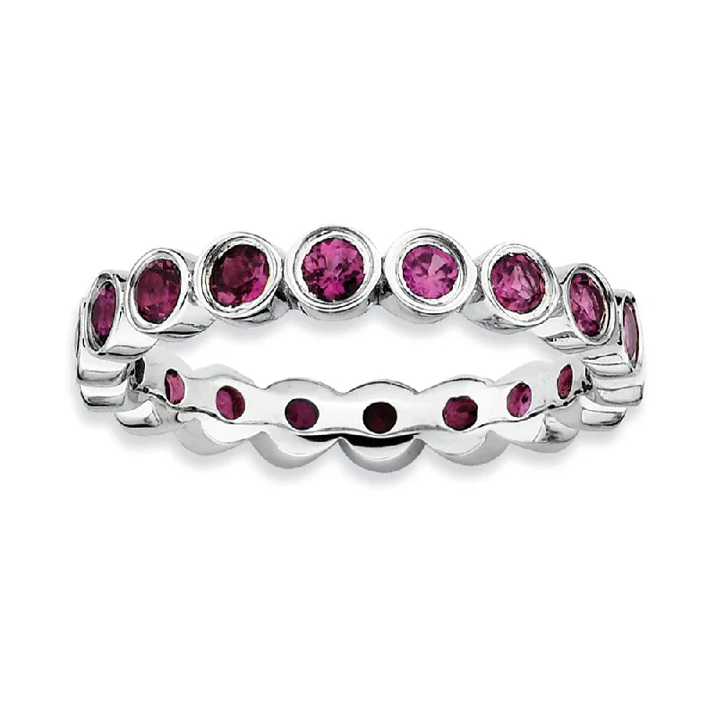 Stylish Solitaire Rings-Sterling Silver Stackable Bezel Set Rhodolite Garnet 3.5mm Band