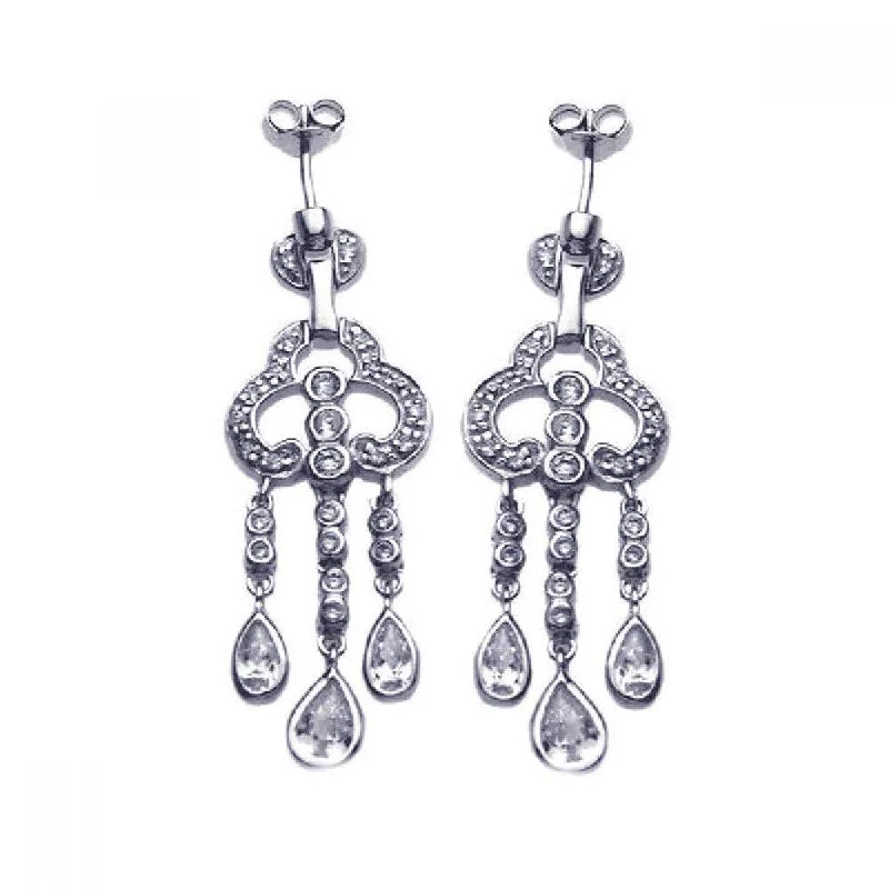 Bold Drop Earrings-Clearance-Silver 925 Rhodium Plated Round Teardrop CZ Clover Jellyfish Dangling Post Earrings - STE00652