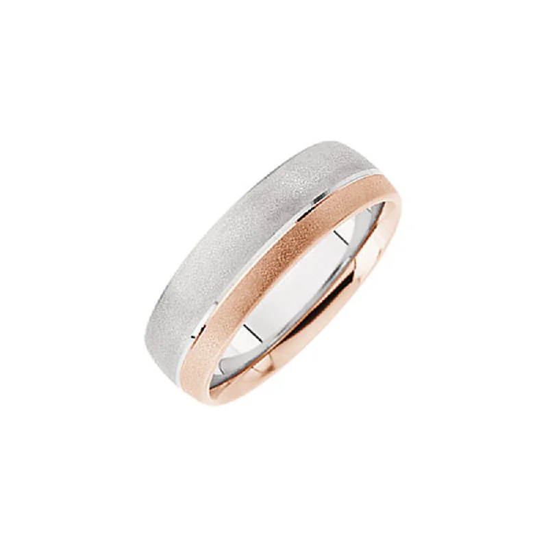 Sterling Silver Rings-7mm Two-Tone Brushed Comfort Fit Band in 14k White and Rose Gold