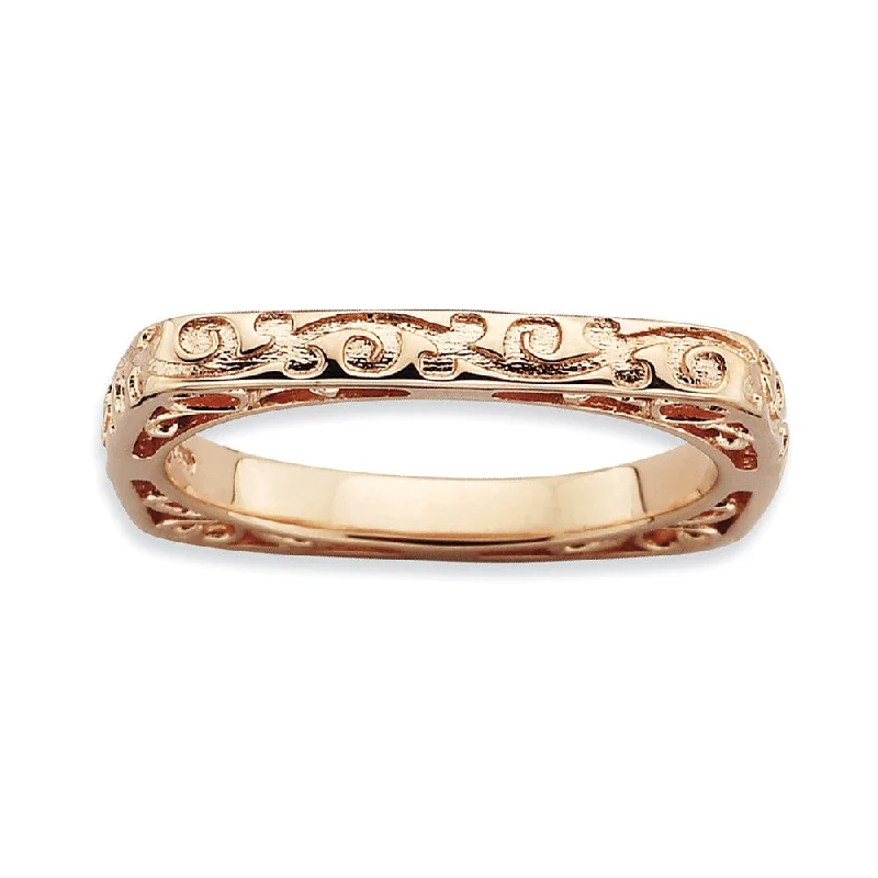 Unique Solitaire Rings-2.25mm Stackable 14K Rose Gold Plated Silver Square Scroll Band