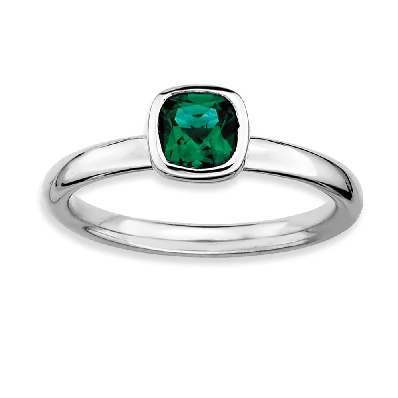 Minimalist Gold Rings-Silver Stackable Cushion Cut Created Emerald Solitaire Ring