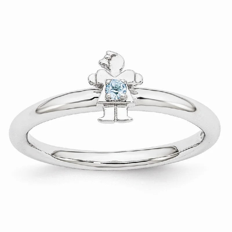 High-End Diamond Rings-Rhodium Plated Sterling Silver Stackable Blue Topaz 7mm Girl Ring