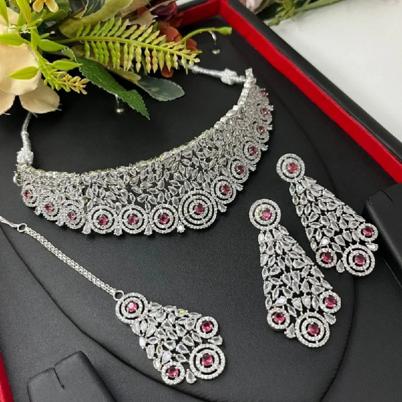 Unique Choker Necklaces-Aamrapali Silver Plated American Diamond Choker Necklace Set