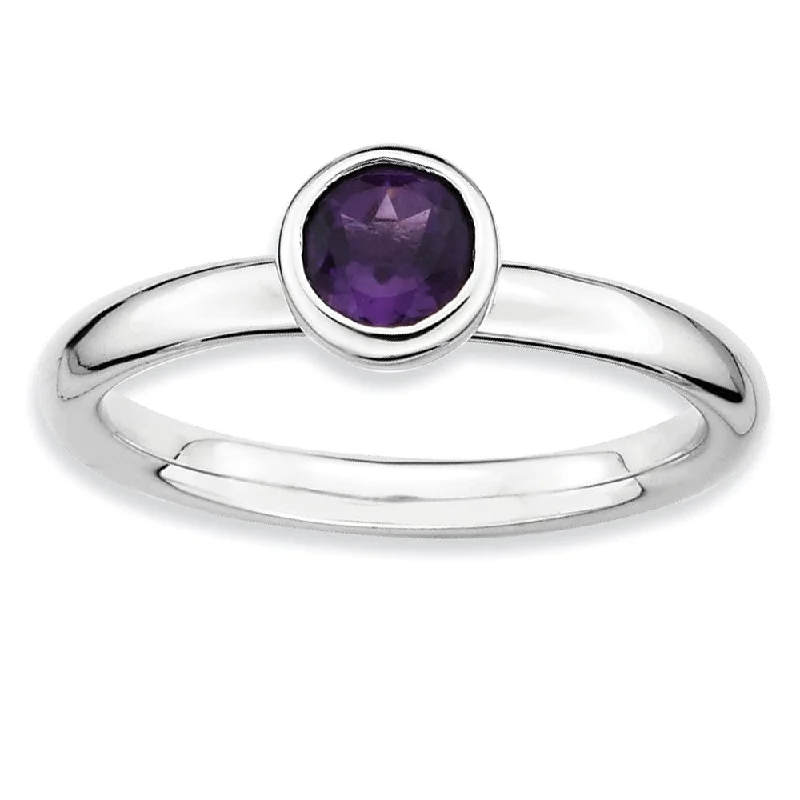 High-End Wedding Bands-Rhodium Plated Sterling Silver Low Profile 5mm Amethyst Stack Ring