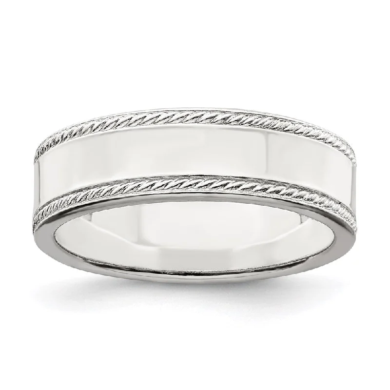 Simple Silver Rings-6mm Sterling Silver Polished Flat Rope Edge Standard Fit Band