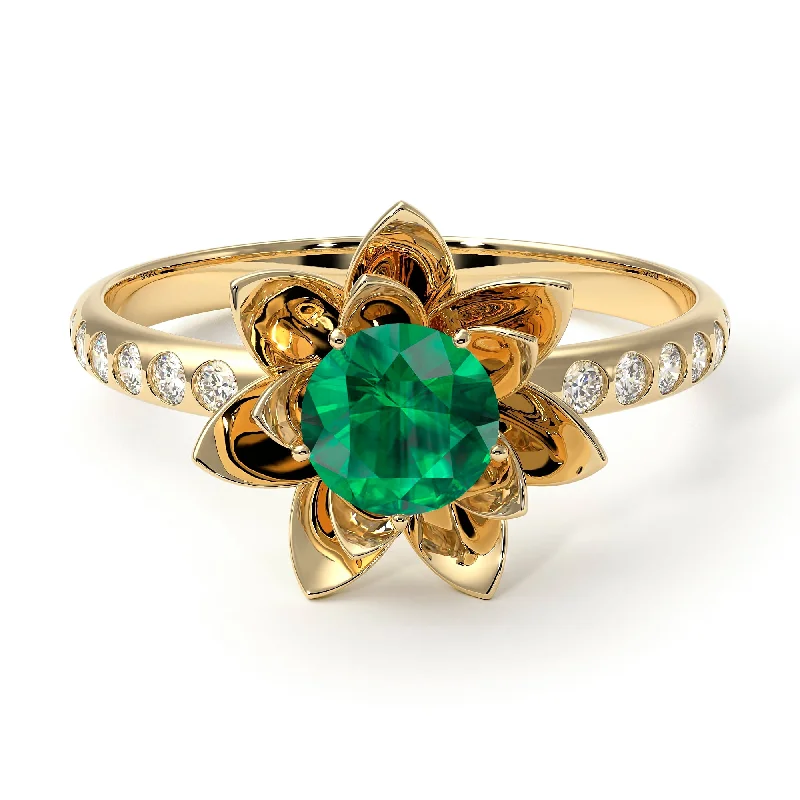 Designer Diamond Wedding Rings-Lotus Flower Emerald ring - Lotus no. 19