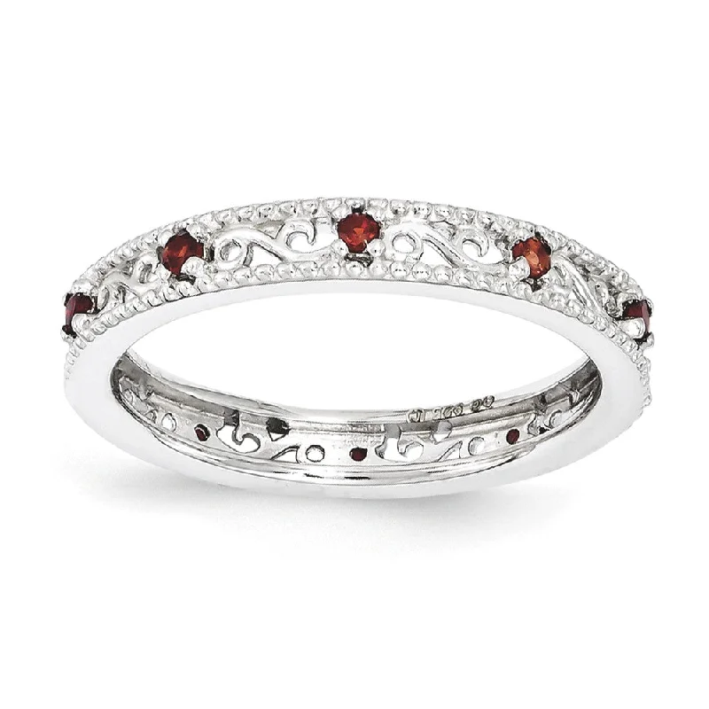 Handcrafted Engagement Rings-3mm Sterling Silver Stackable Expressions Garnet Scroll Band