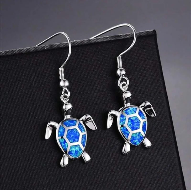 Clear Crystal Earrings-Beautiful Silver and Blue Turtle Earrings