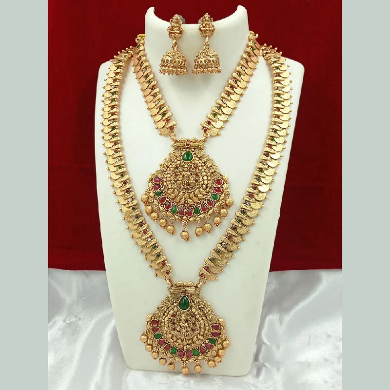 Customizable Gemstone Necklaces-Joyful Jewel Art Matte Gold Plated Kundan Stone And Temple Double Necklace Set