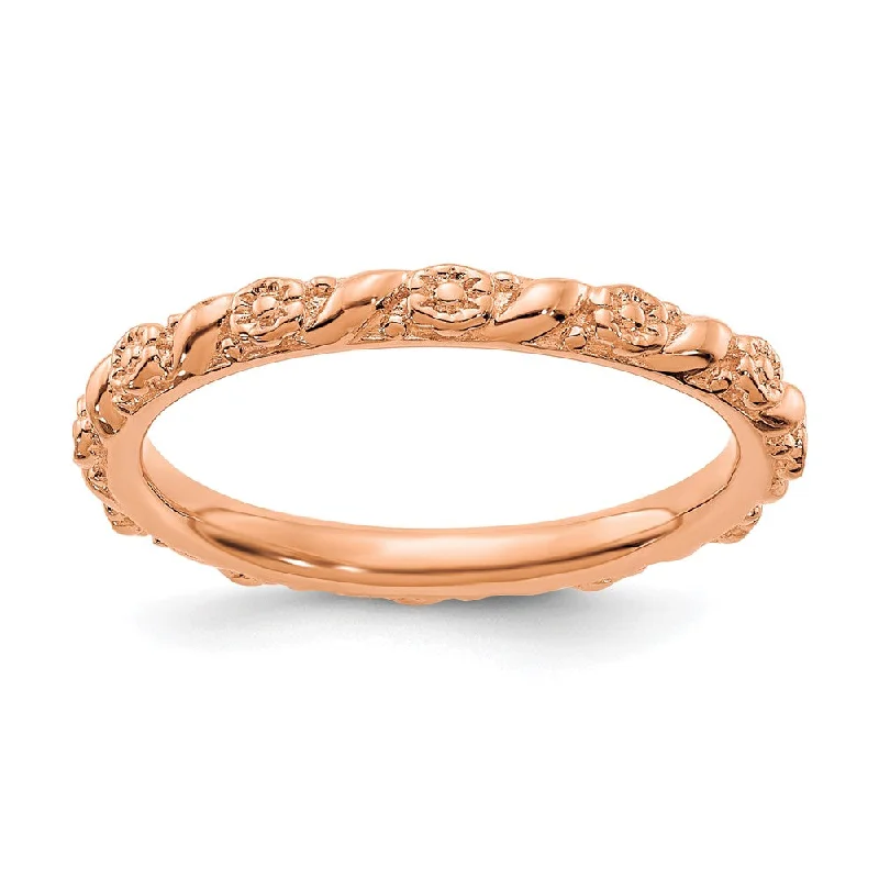 Unique Engagement Rings-2mm Sterling Silver 14k Rose Gold Plated Stackable Flower Band