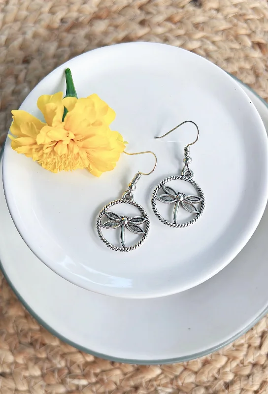 Colorful Hoop Earrings-Dainty Round Dragonfly Earrings