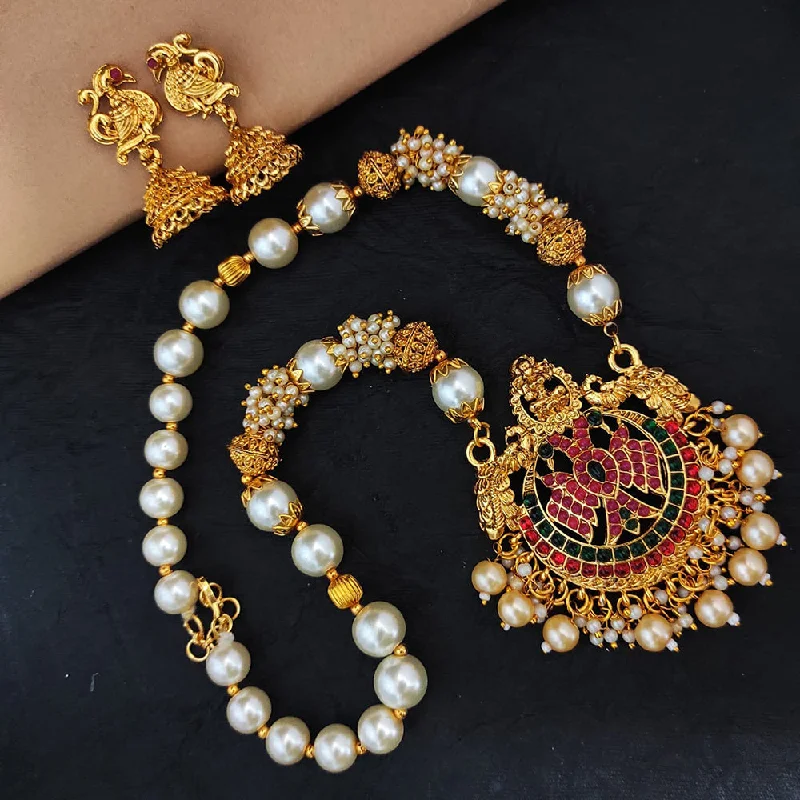 Designer Silver Necklaces-Heera Jewellers Gold Plated Pota Stone Temple Necklace Set