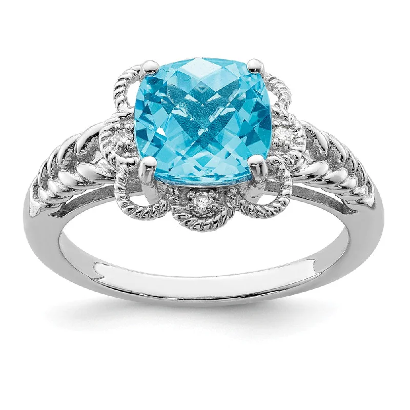 Custom Wedding Ring Sets-Light Blue Topaz & .04 Ctw Diamond Scalloped Sterling Silver Ring