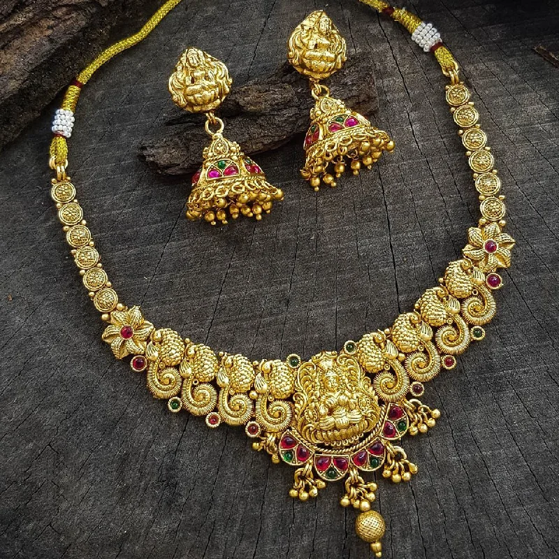 Long Gold Chain Necklaces-Sangita Creation  Copper Gold  Pota Stone Temple Long  Necklace Set