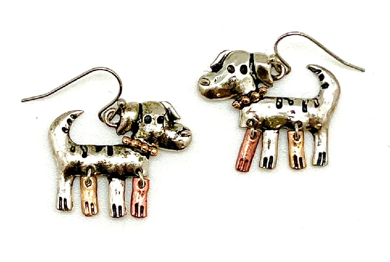 Large Silver Hoop Earrings-Patina Dog Earrings with moveable legs