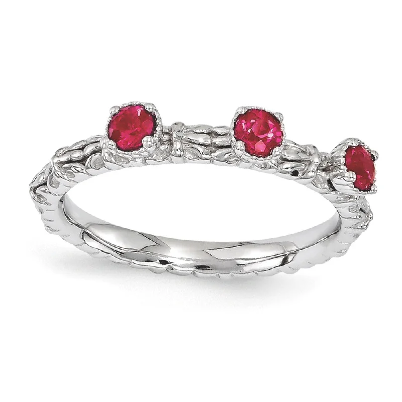 Customizable Wedding Rings-Sterling Silver Stackable Created Ruby Round Three Stone Ring