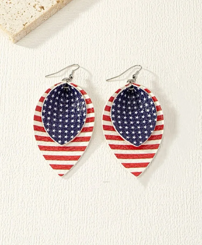 Silver Dangle Earrings-Folded Leather American Flag Earrings