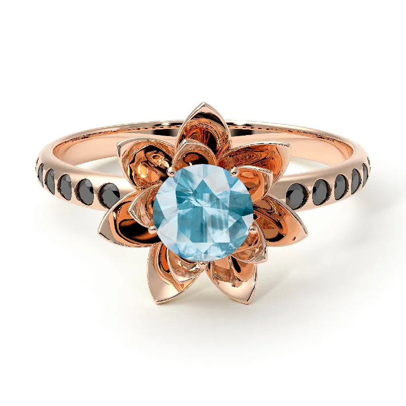 Bold Wedding Bands-Lotus Flower Aquamarine ring - Lotus no. 405