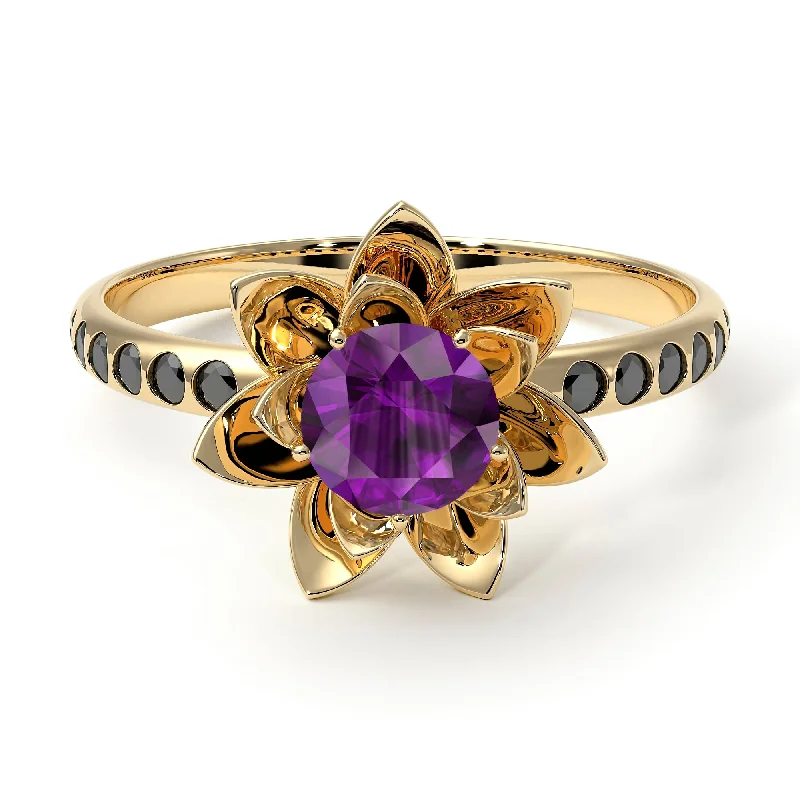 Custom Gold Rings-Lotus Flower Amethyst ring - Lotus no. 304