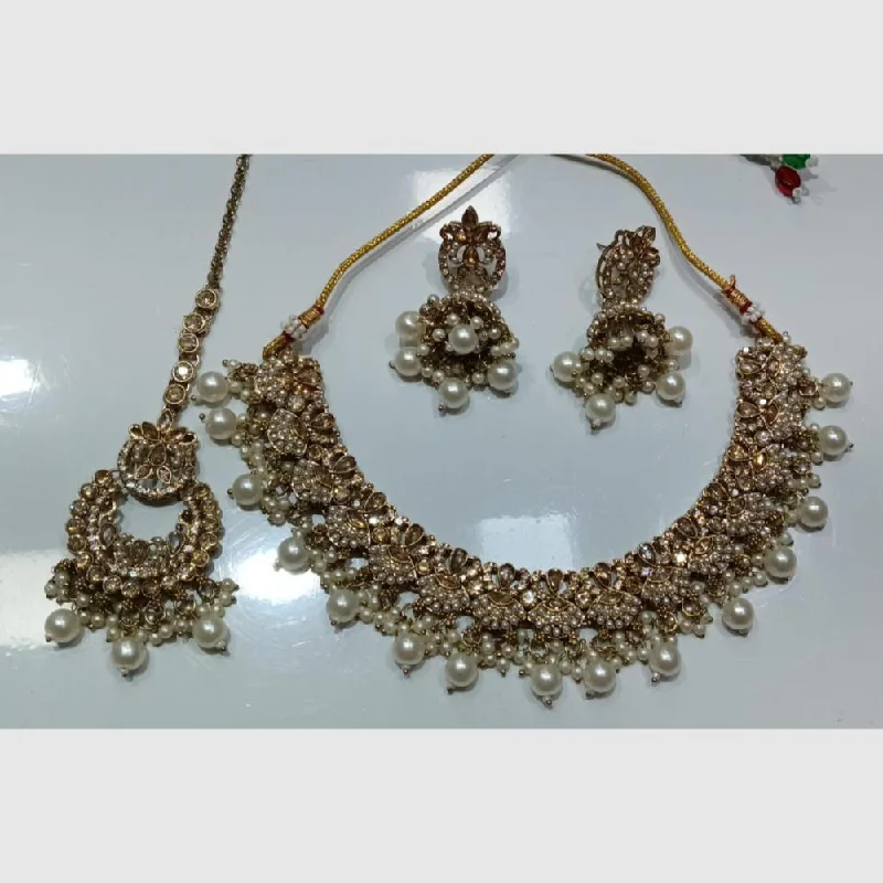 Luxury Diamond Necklaces for Weddings-SNERA Gold Plated Crystal Stone And Pearls Necklace Set