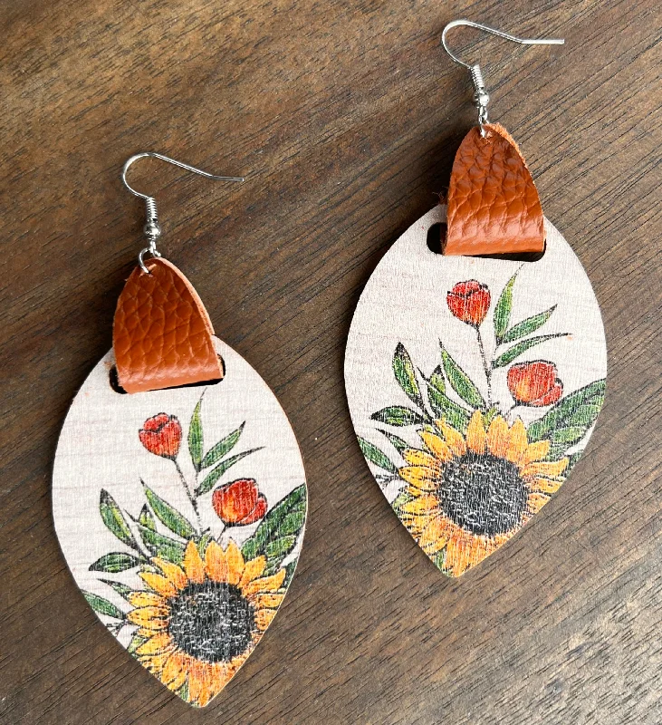 Designer Drop Earrings-Wooden Sunflower Earrings