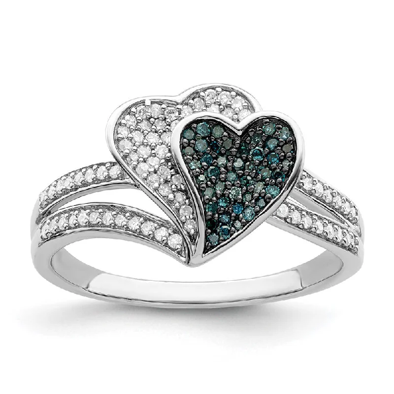 Simple Silver Rings-1/3 Ctw Blue & White Diamond Double Heart Ring in Sterling Silver