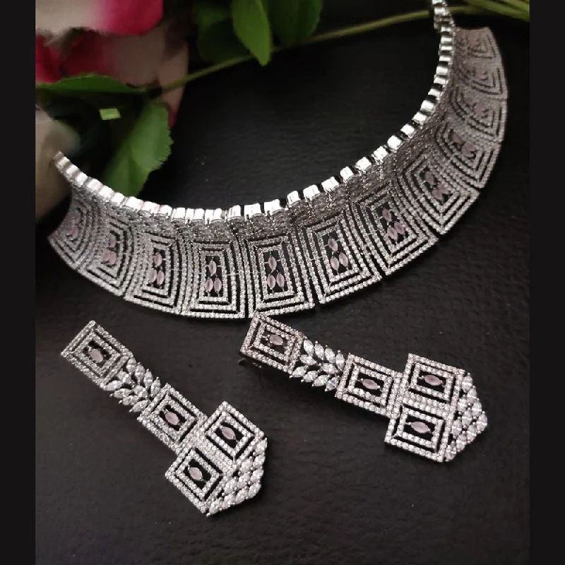 Fashionable Layered Necklaces-FS Collection Silver Plated American Diamond Choker Necklace Set