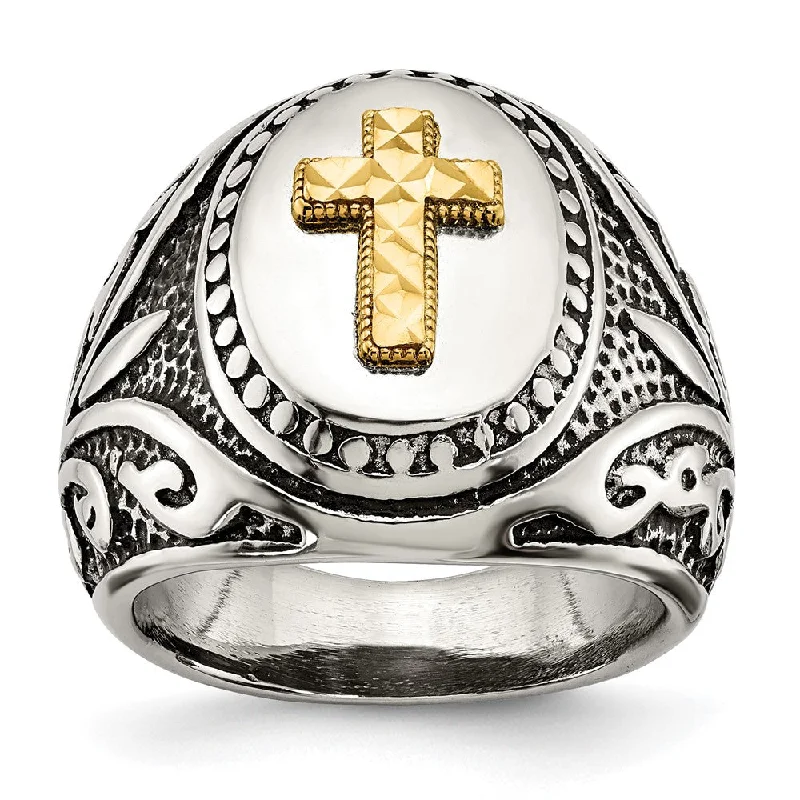 Antique Diamond Wedding Rings-Men's 19.8mm Stainless Steel w/14K Gold Accent Cross Tapered Ring