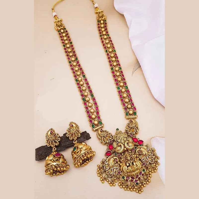 Gold Infinity Necklaces-Sangita Creation  Copper Gold  Pota Stone Temple Long  Necklace Set