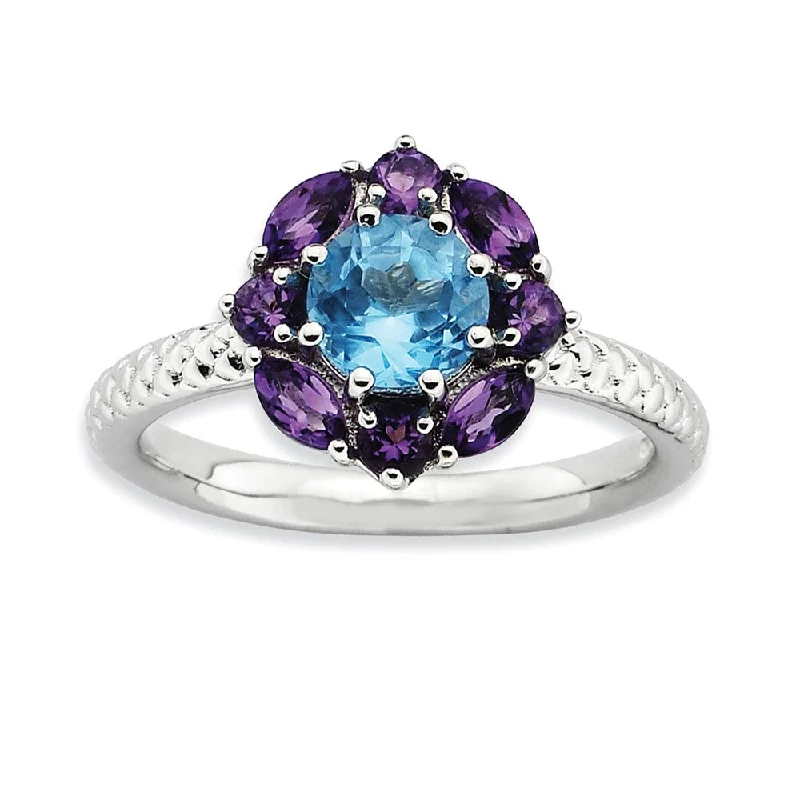 Vintage Wedding Bands for Women-Sterling Silver Stackable Amethyst & Topaz Gemstone Flower Ring