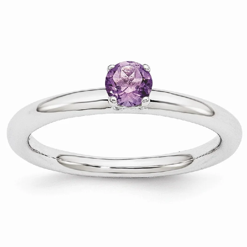 Custom Gemstone Rings-Rhodium Plated Sterling Silver Stackable 4mm Round Amethyst Ring