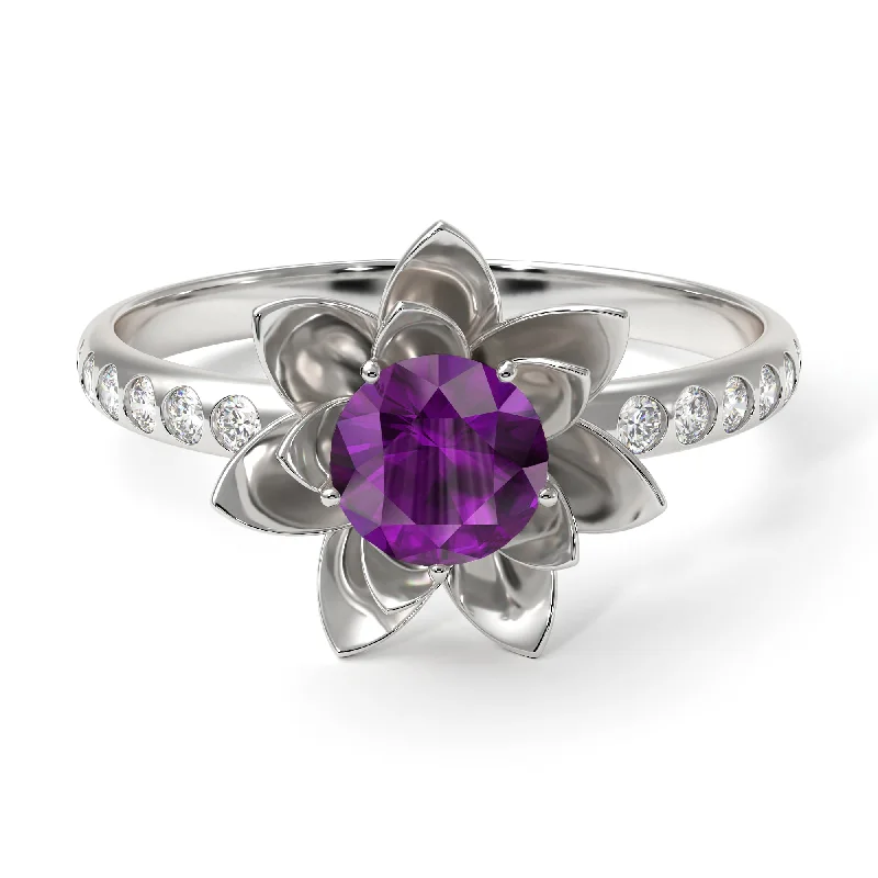 Silver and Gold Rings-Lotus Flower Amethyst ring - Lotus no. 303