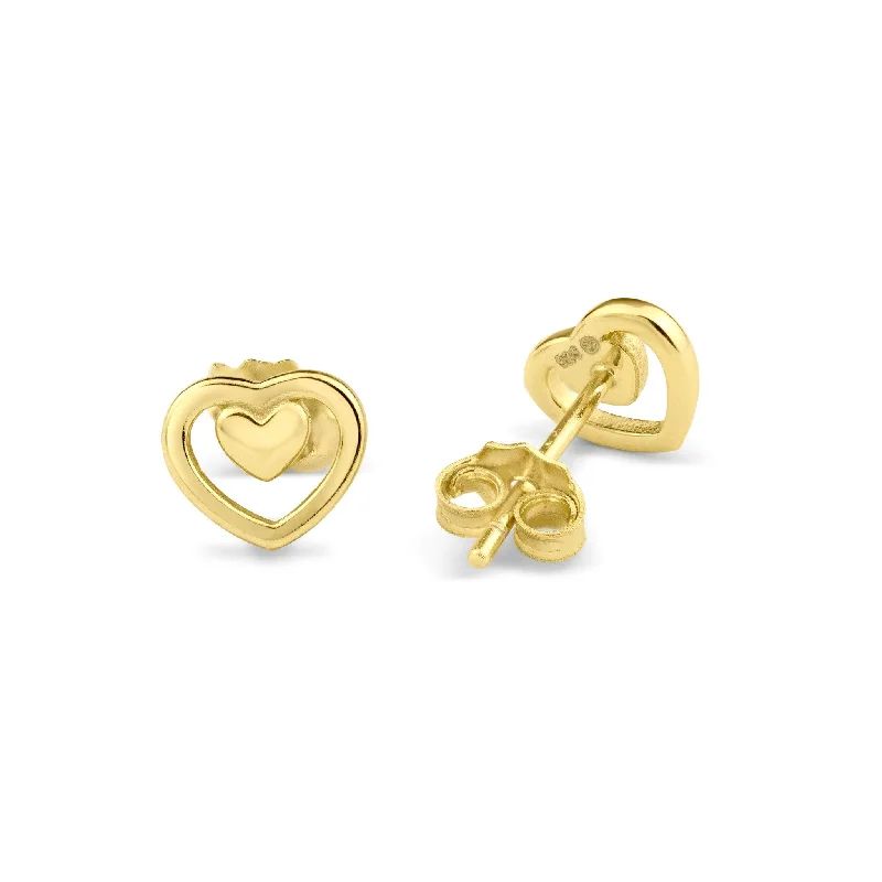 Pearl Stud Earrings-Gold Plated 925 Sterling Silver Two Hearts Clear CZ Earring - BGE00732