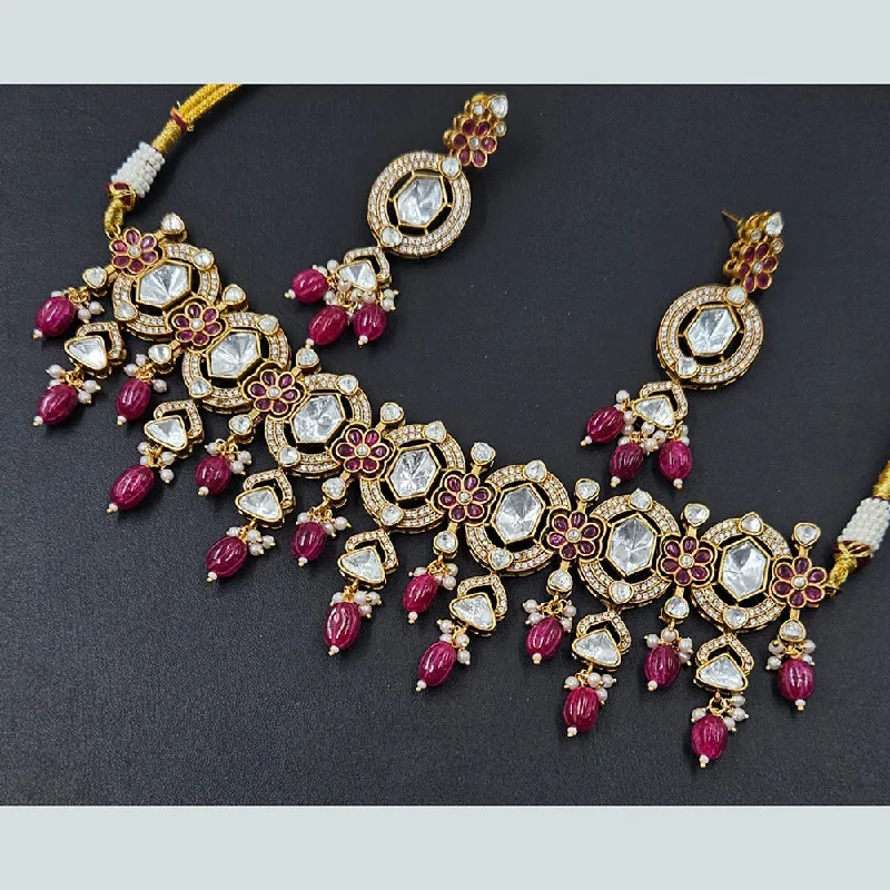 Personalized Diamond Necklaces-Rajwadi Collection Gold Plated Crystal Stone And Pearls Choker Necklace Set