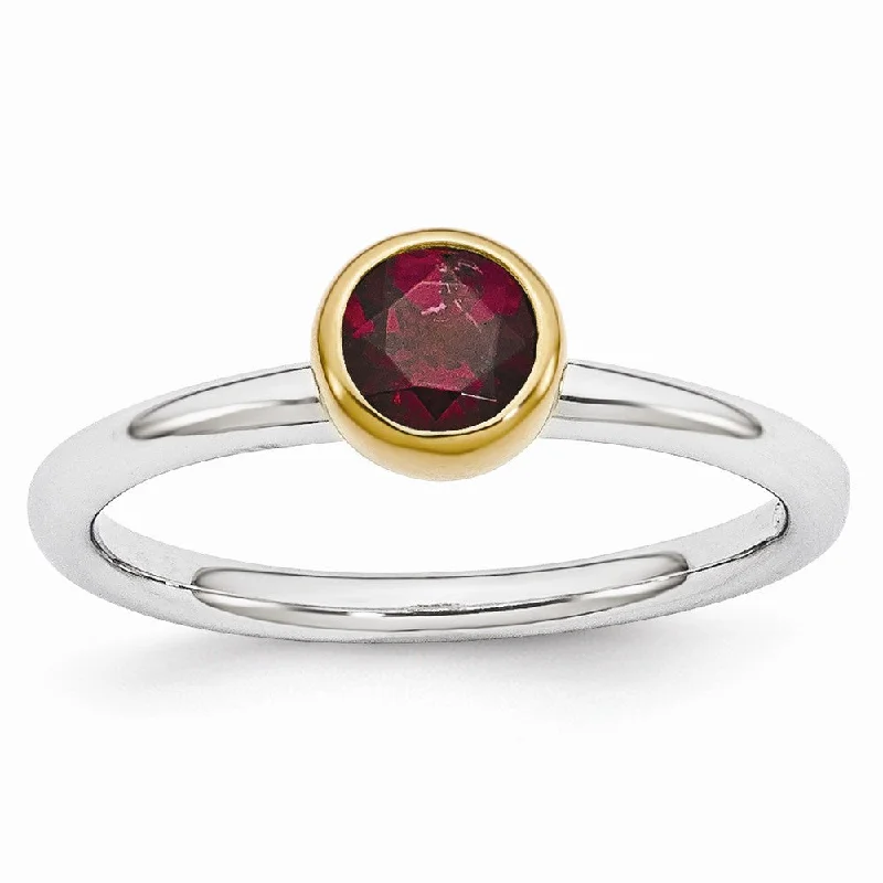 Large Gemstone Rings-Two Tone Sterling Silver Stackable 5mm Round Rhodolite Garnet Ring